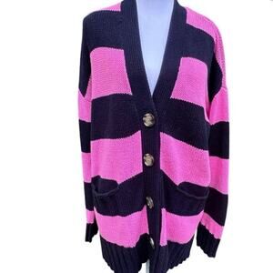 LOFT Small Oversized Navy Pink Striped Preppy Coastal Preppy Cardigan Sweater
